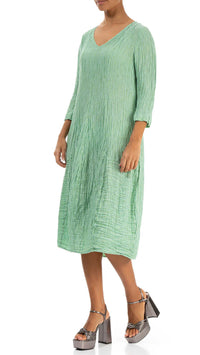 V-Neck Silk Linen Crinkled Dress, 3/4 Sleeve