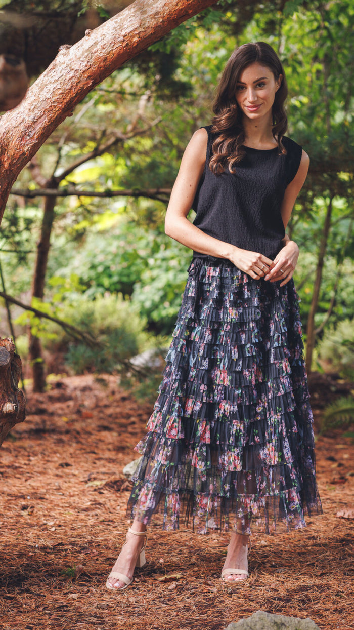 Papillon Tiered Floral Skirt With Elastic Waist