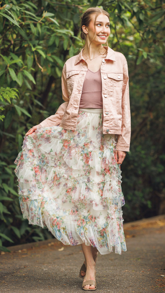 Papillon Tiered Floral Skirt With Elastic Waist