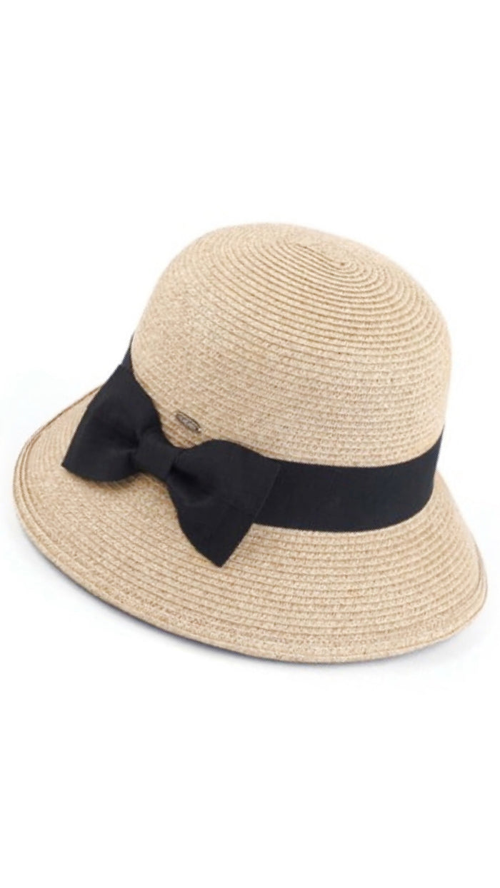 Cloche Becket Straw Sun Hat with a Grosgrain Bow Trim Band
