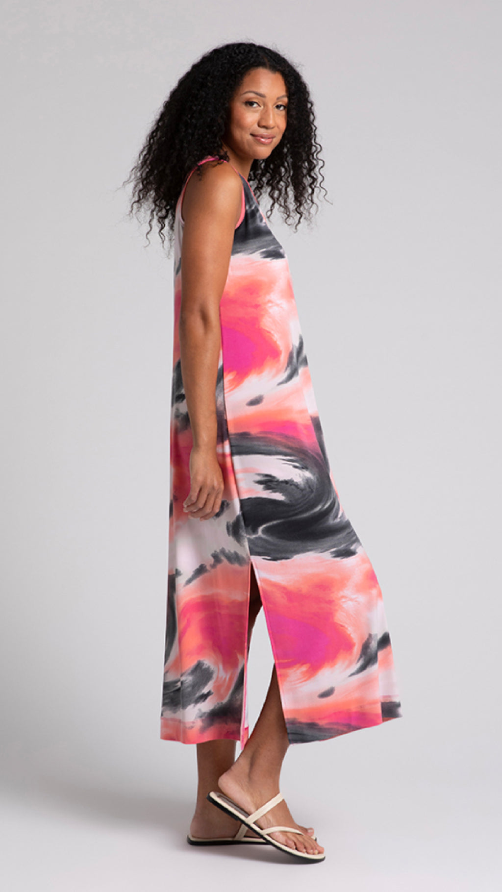 Reversible Slit Tank Dress-Marble Print