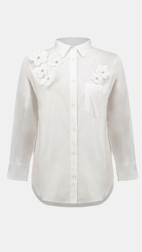 Joseph Ribkoff Cotton Poplin Blouse With 3D Flower and Rhinestone Detail
