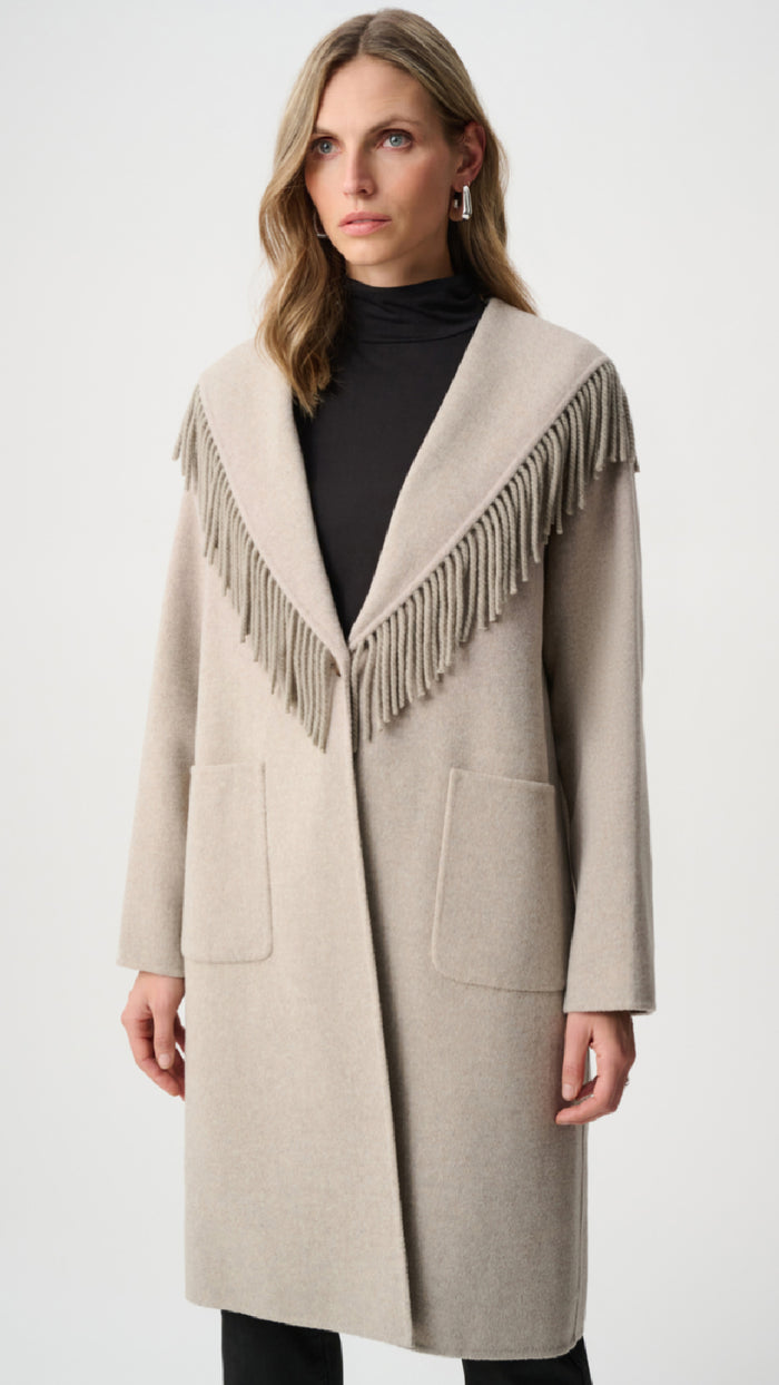Joseph Ribkoff Wool Blend Shawl Collar Fringed Coat