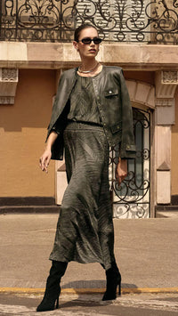 Joseph Ribkoff Pleated Satin Long Flared Skirt