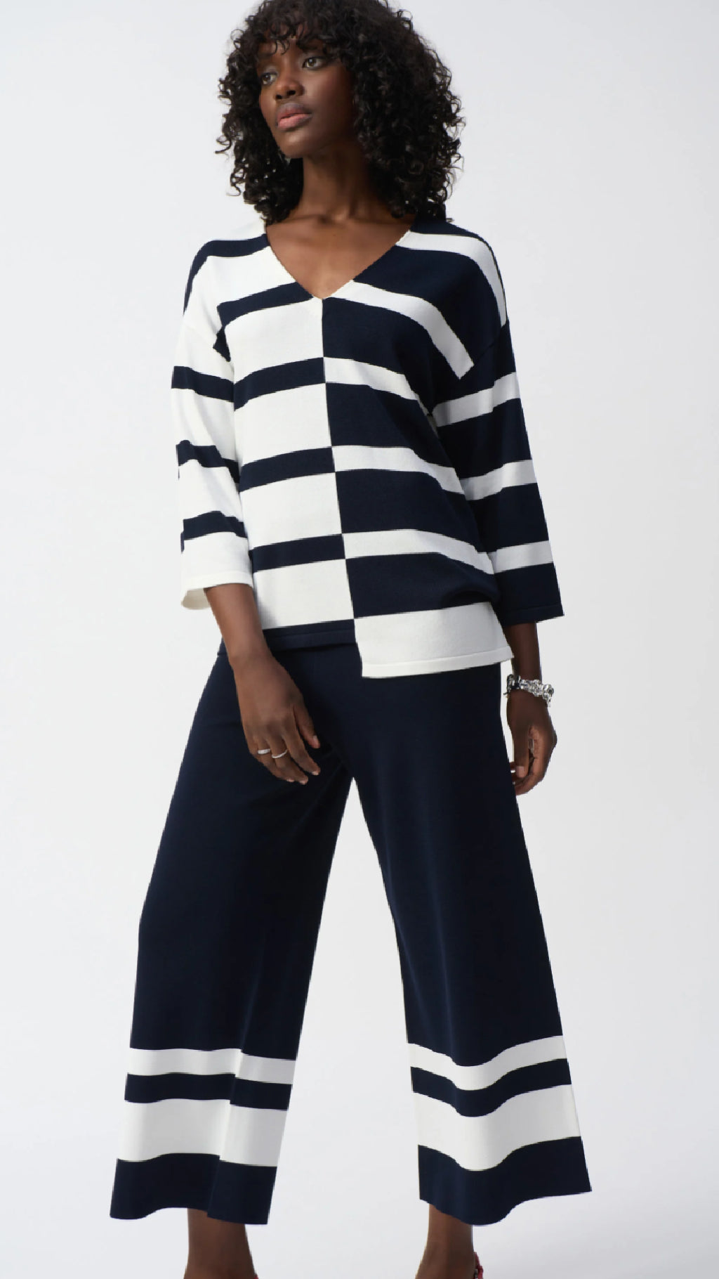 Joseph Ribkoff Striped Sweater Knit V-Neck Pullover