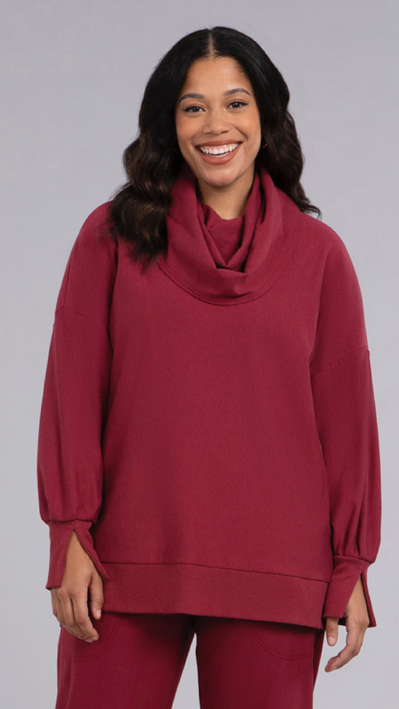 Bamboo Fleece Cowl Neck Pleat Sleeve top, Long Sleeve