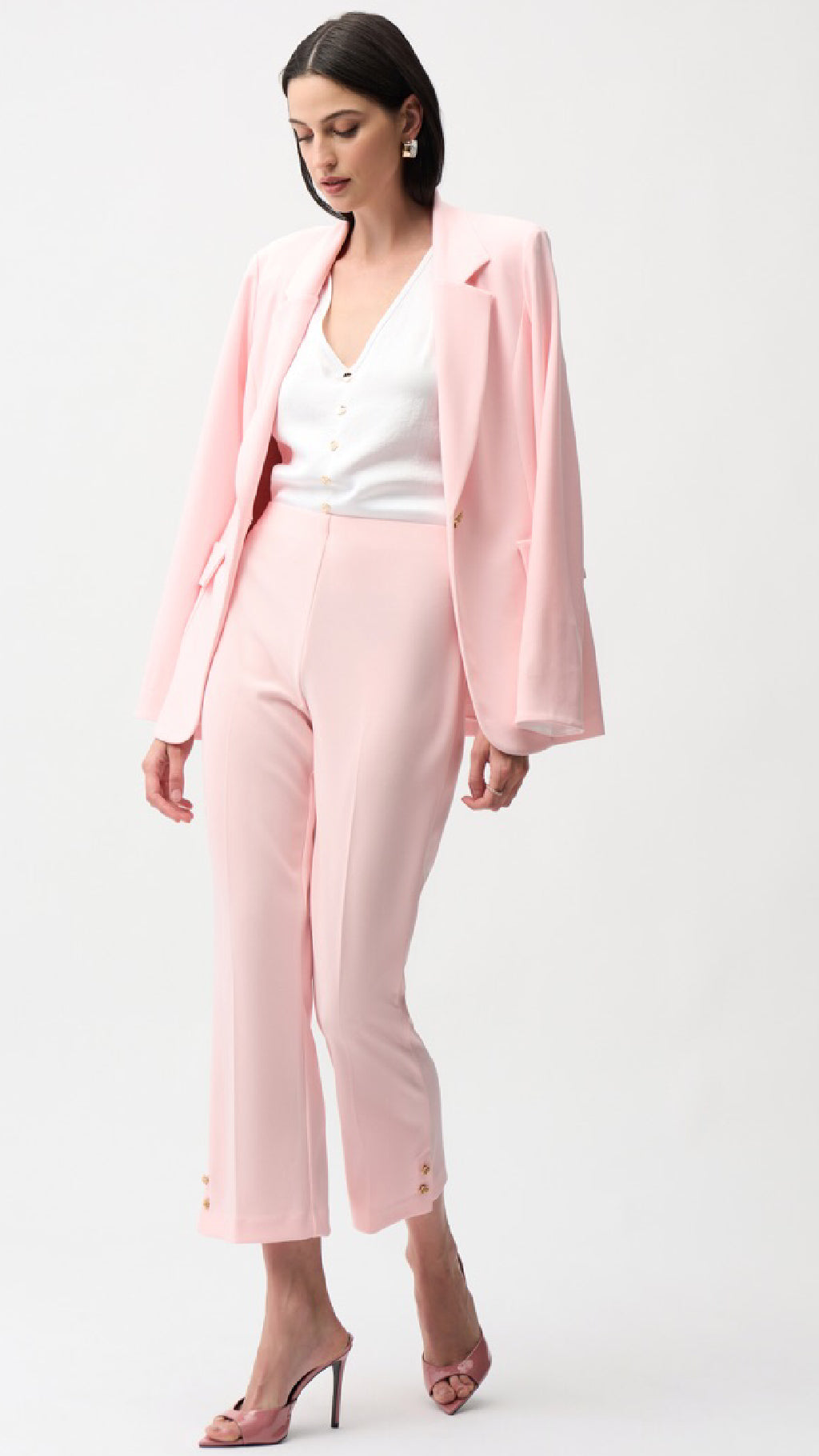 Joseph Ribkoff Silky Knit Fitted Blazer And Cropped Pull-On Pants With Gold Buttons