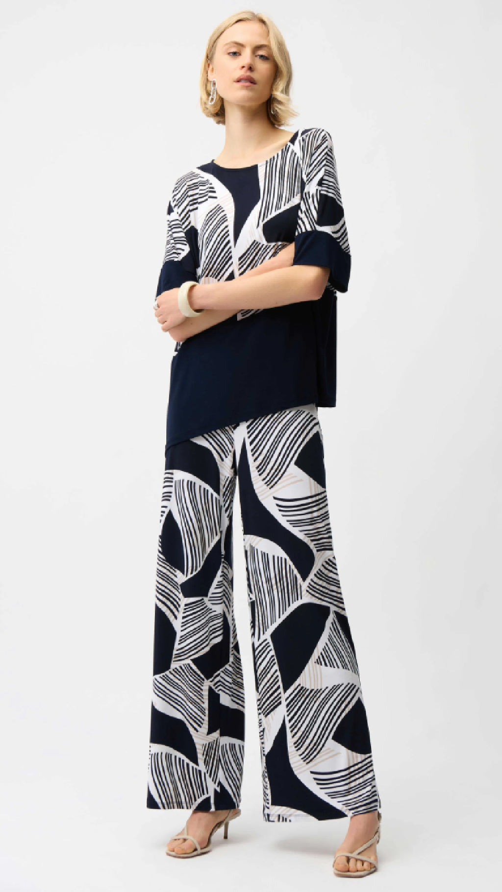 Joseph Ribkoff Silky Knit Geometric Print Asymmetrical Cocoon Top or Pull On Pants.