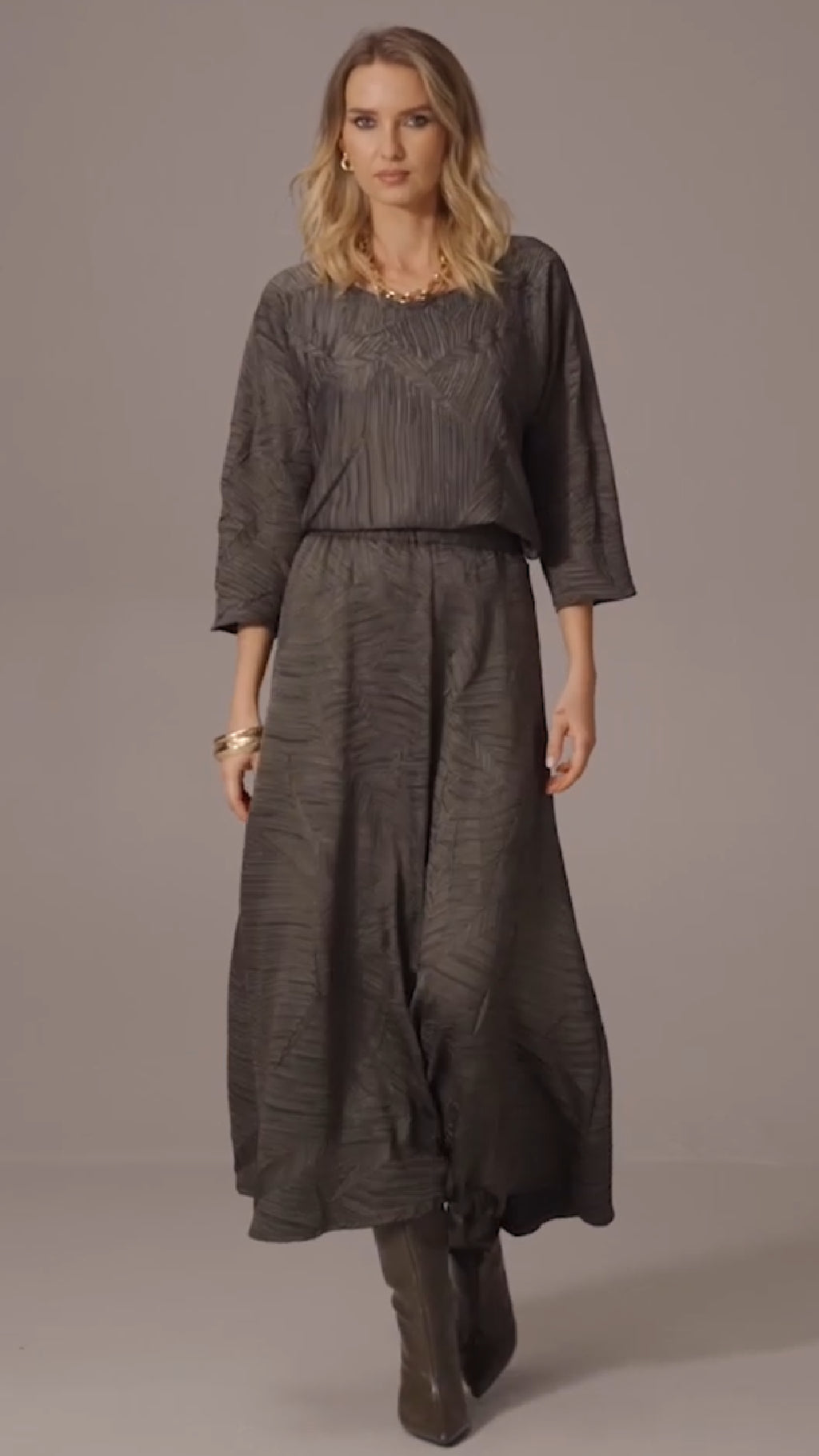 Joseph Ribkoff Pleated Satin Long Flared Skirt