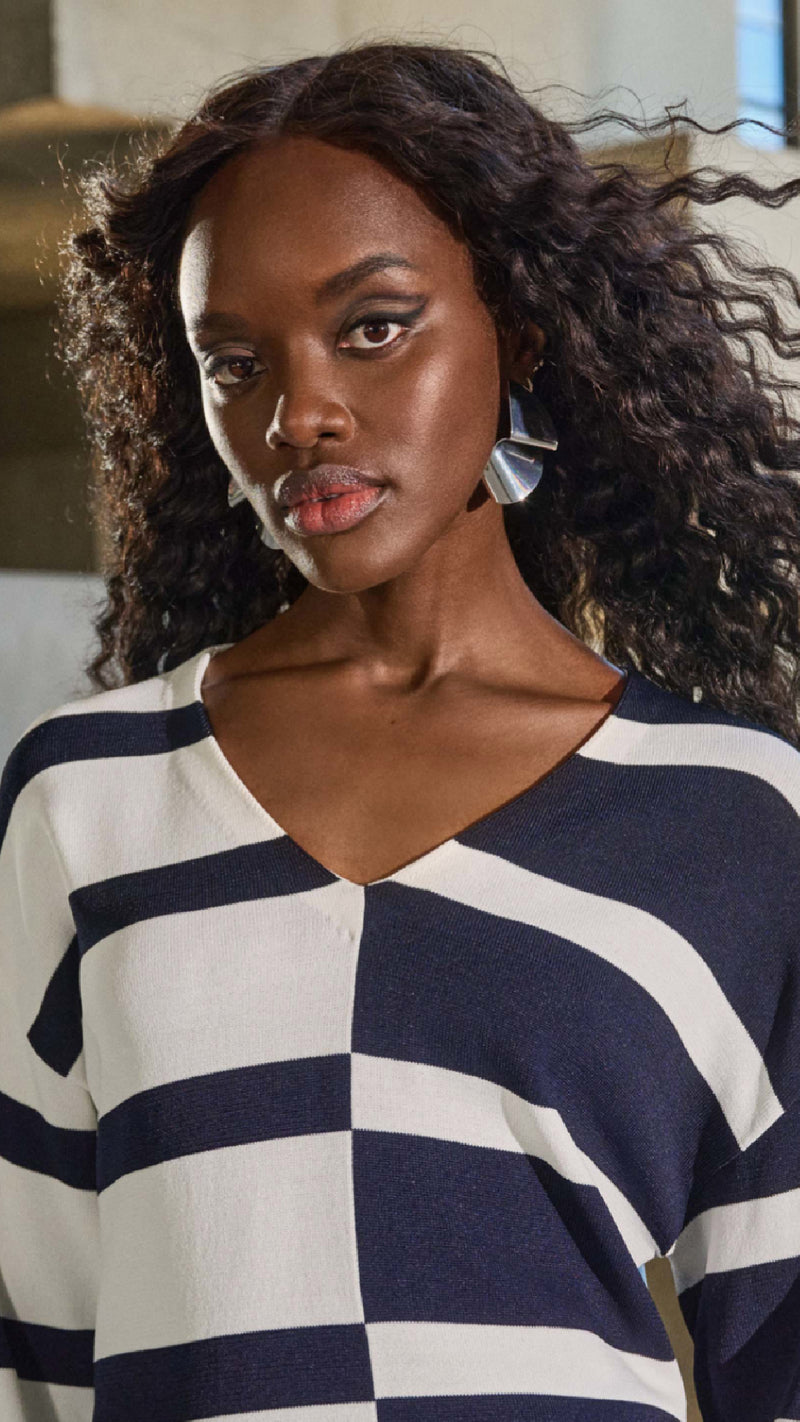 Joseph Ribkoff Striped Sweater Knit V-Neck Pullover