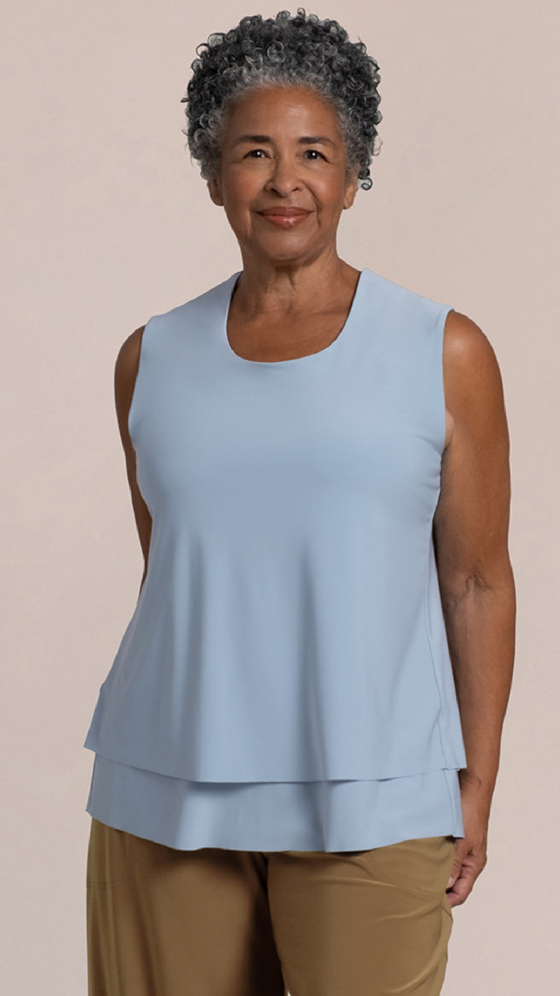 Sleeveless DBL Layer Shell with Jewel Neck