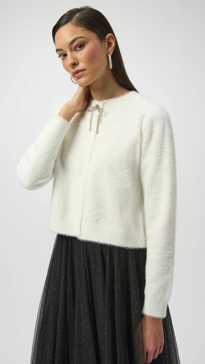 Joseph Ribkoff Feather Yarn Cardigan with Rhinestone Bow