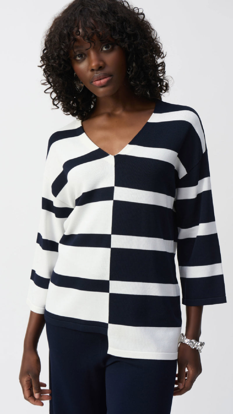 Joseph Ribkoff Striped Sweater Knit V-Neck Pullover