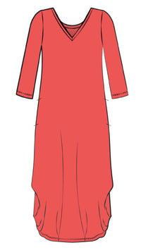V-Neck Narrow Lantern Dress, 3/4 Sleeve