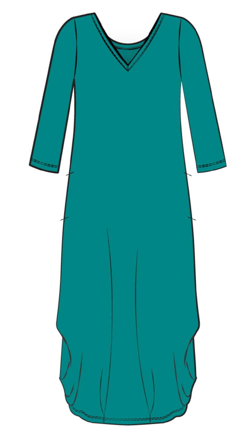 V-Neck Narrow Lantern Dress, 3/4 Sleeve