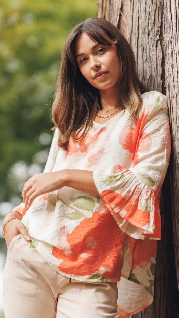 Papillon Floral Bell Sleeve High Low Blouse