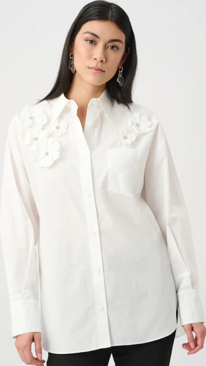 Joseph Ribkoff Cotton Poplin Blouse With 3D Flower and Rhinestone Detail