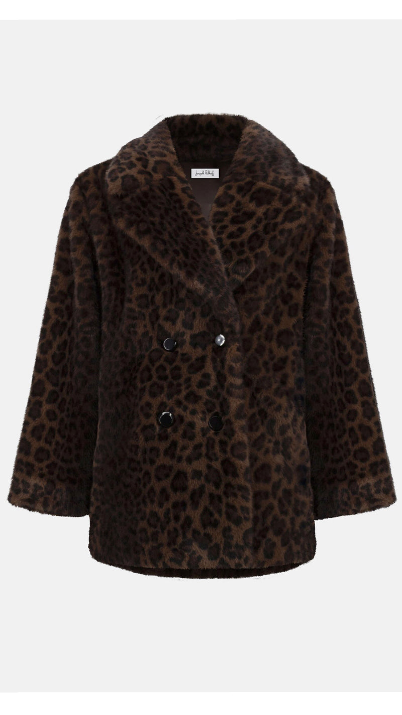 Joseph Ribkoff Faux Fur Leopard Print Double-Breasted Coat
