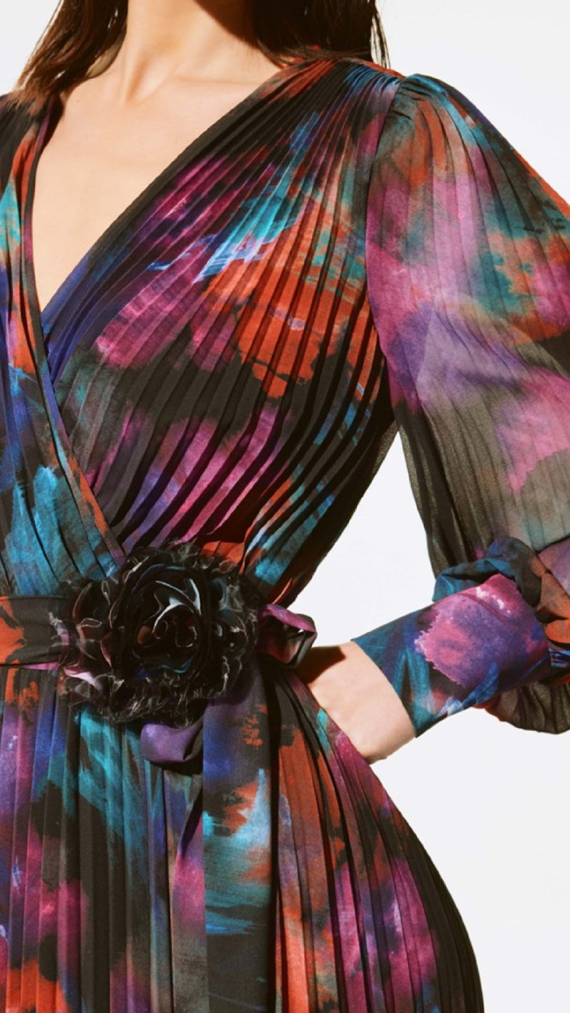 Joseph Ribkoff Floral Print Chiffon Pleated Midi Dress