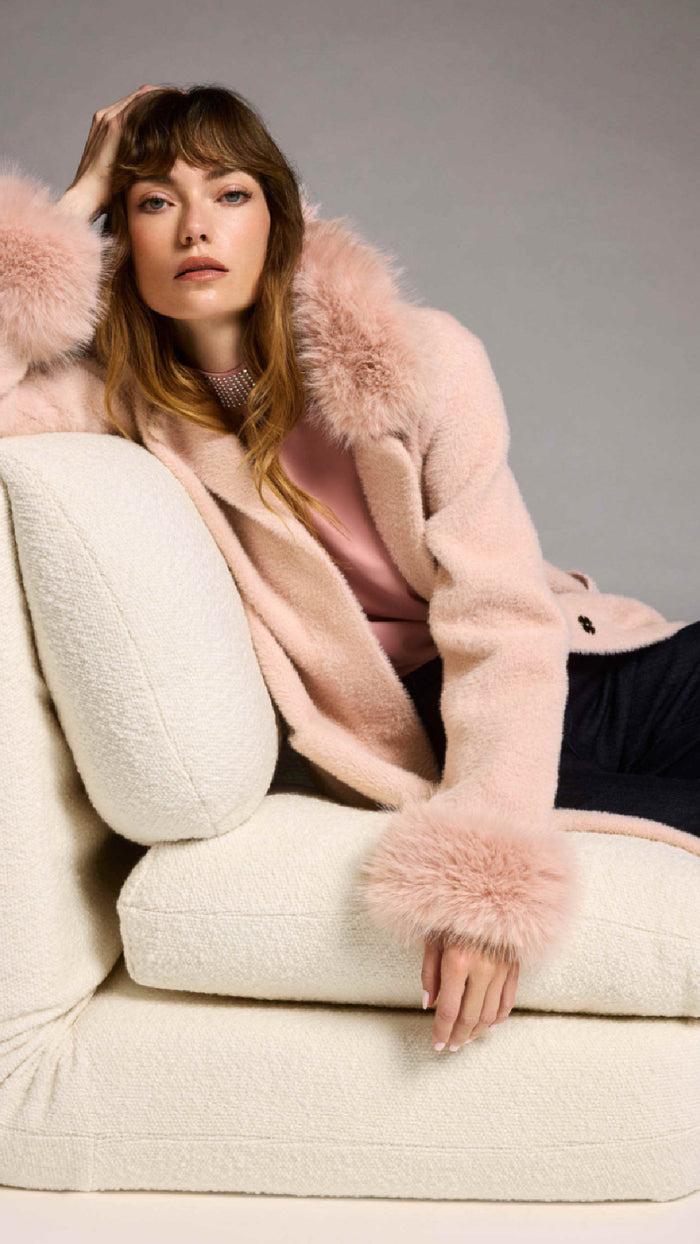 Joseph Ribkoff Feather Yarn and Faux Fur Sweater Coat (selected color on sale)