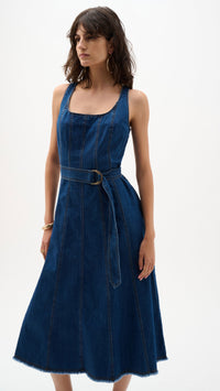 Joseph Ribkoff Denim Fit And Flare Midi Dress With Belt
