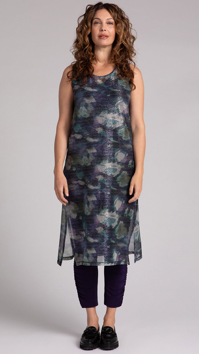 Sleeveless Hi-Slit Over Under, Printed Shimmer Mesh (Sale)