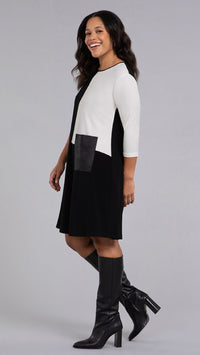 Colour Blocked Patch Pocket Dress, 3/4 Sleeve