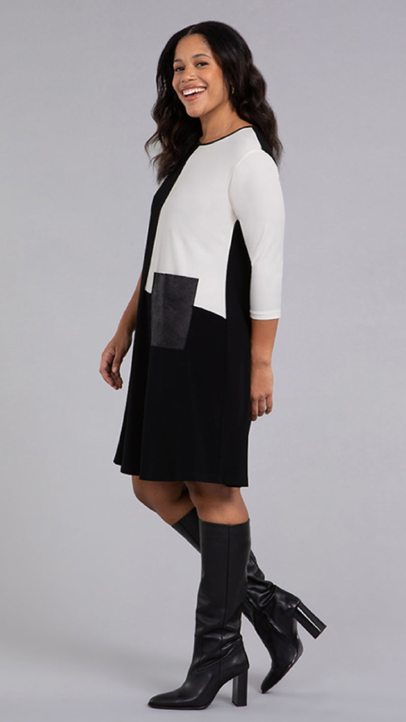 Colour Blocked Patch Pocket Dress, 3/4 Sleeve
