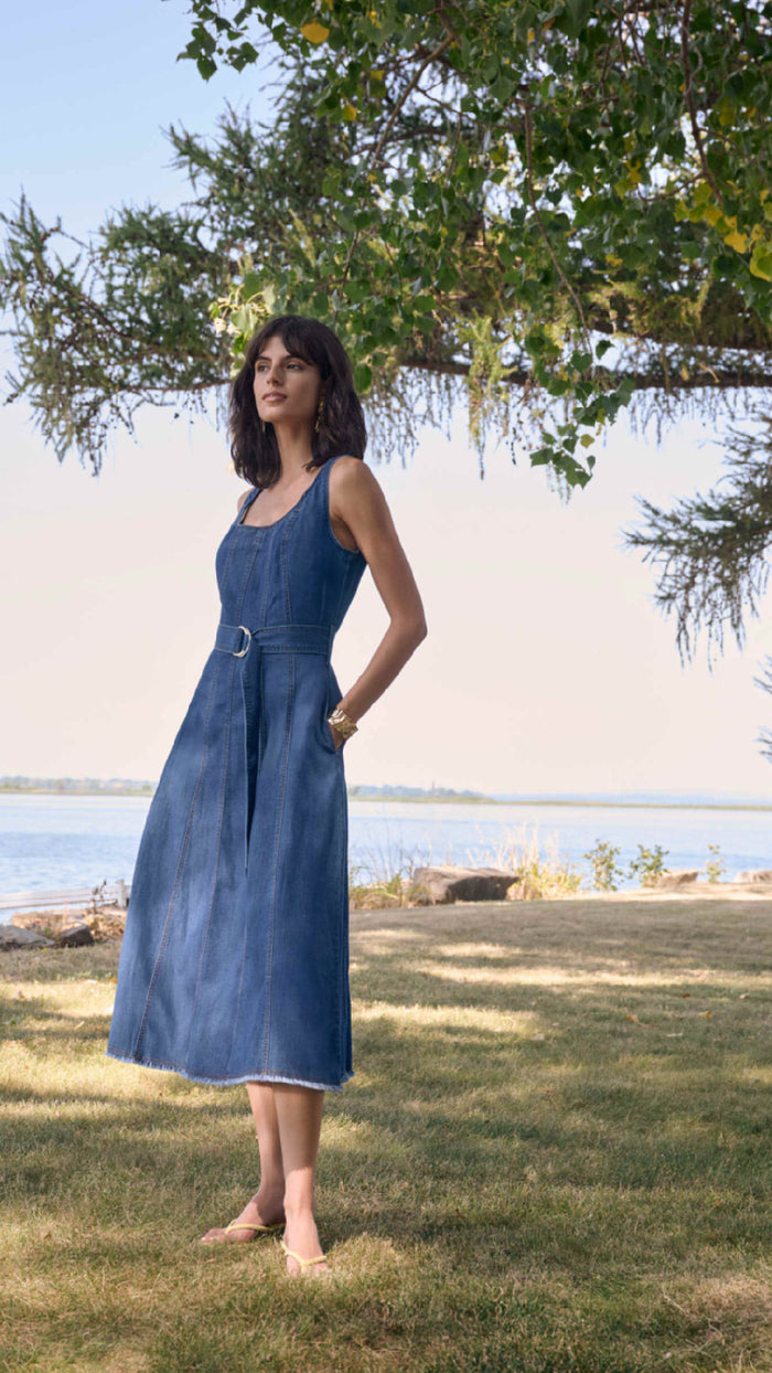 Joseph Ribkoff Denim Fit And Flare Midi Dress With Belt