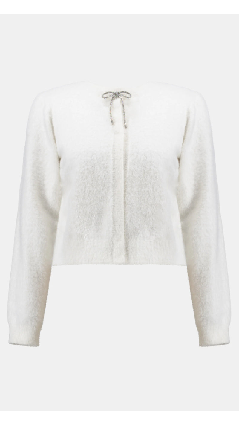 Joseph Ribkoff Feather Yarn Cardigan with Rhinestone Bow