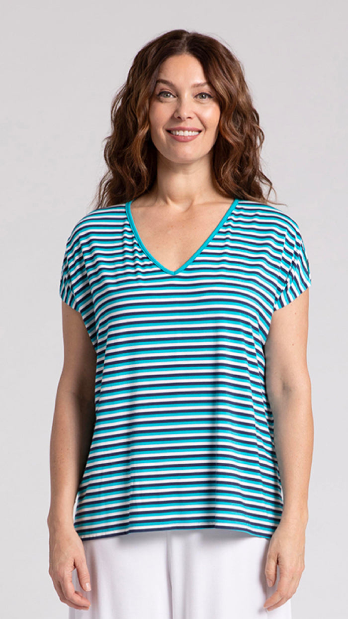Bamboo V-Neck Slit Sleeve Top, Cap Sleeve, H Print (Sale)