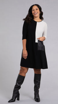 Colour Blocked Patch Pocket Dress, 3/4 Sleeve
