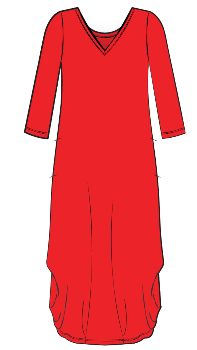 V-Neck Narrow Lantern Dress, 3/4 Sleeve