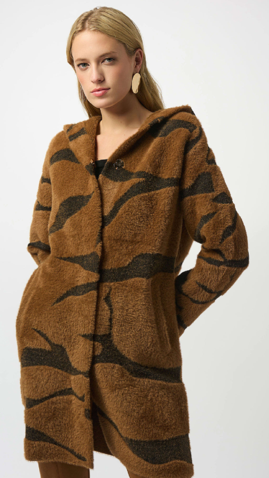 Joseph Ribkoff Feather Yarn Animal Jacquard Hooded Coat (-30% at checkout)