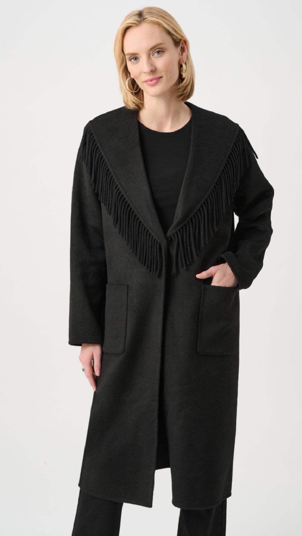 Joseph Ribkoff Wool Blend Shawl Collar Fringed Coat