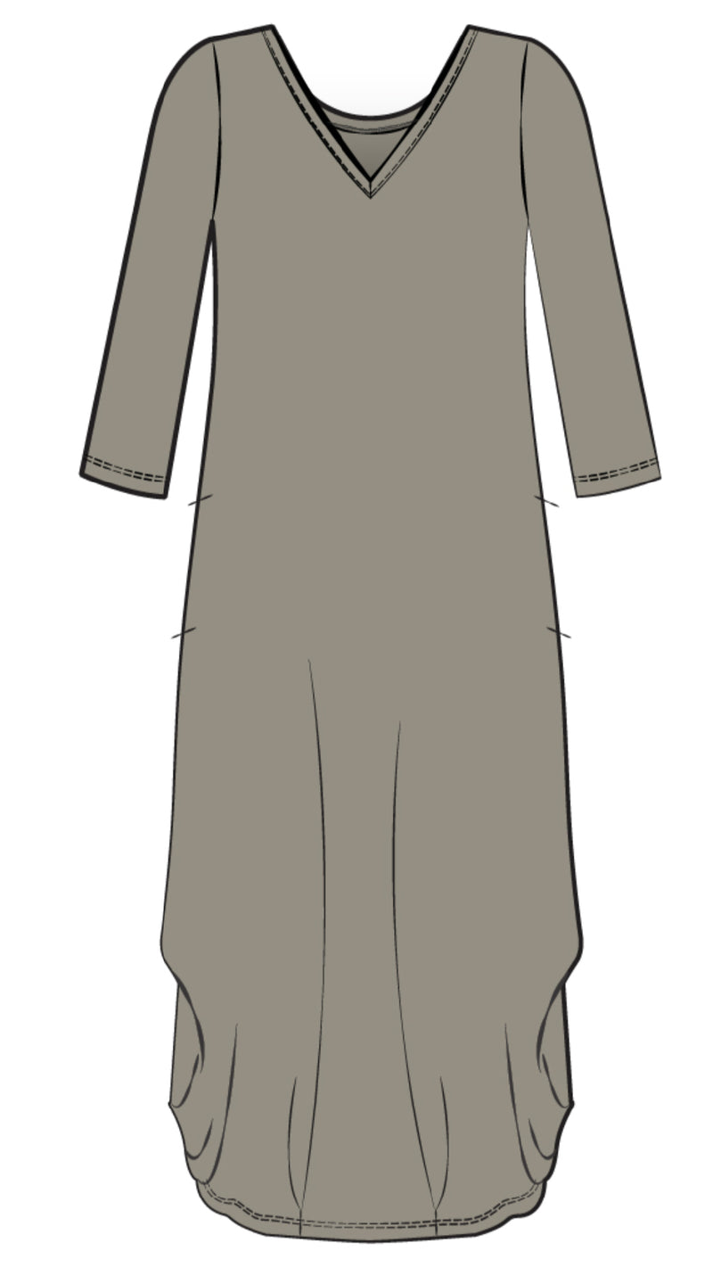 V-Neck Narrow Lantern Dress, 3/4 Sleeve