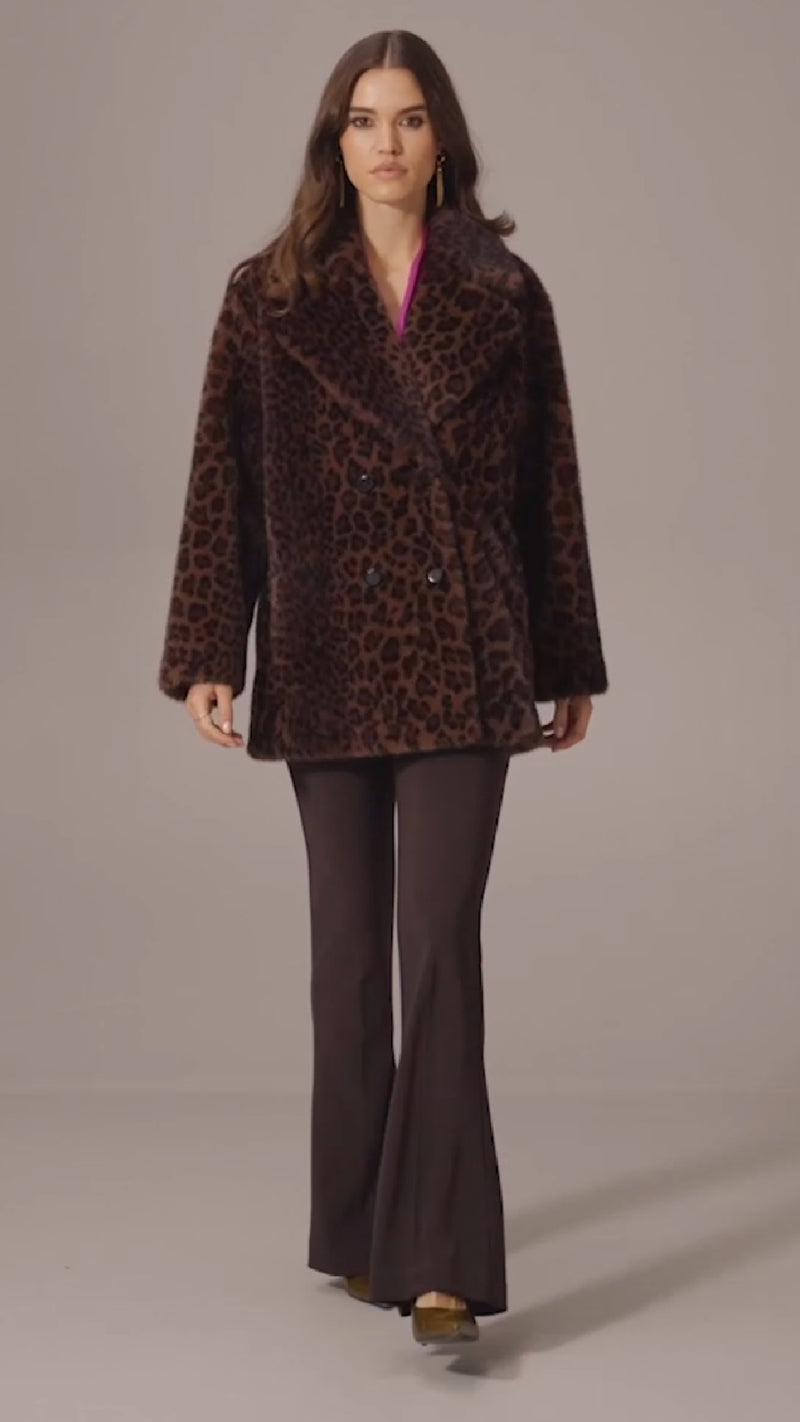 Joseph Ribkoff Faux Fur Leopard Print Double-Breasted Coat