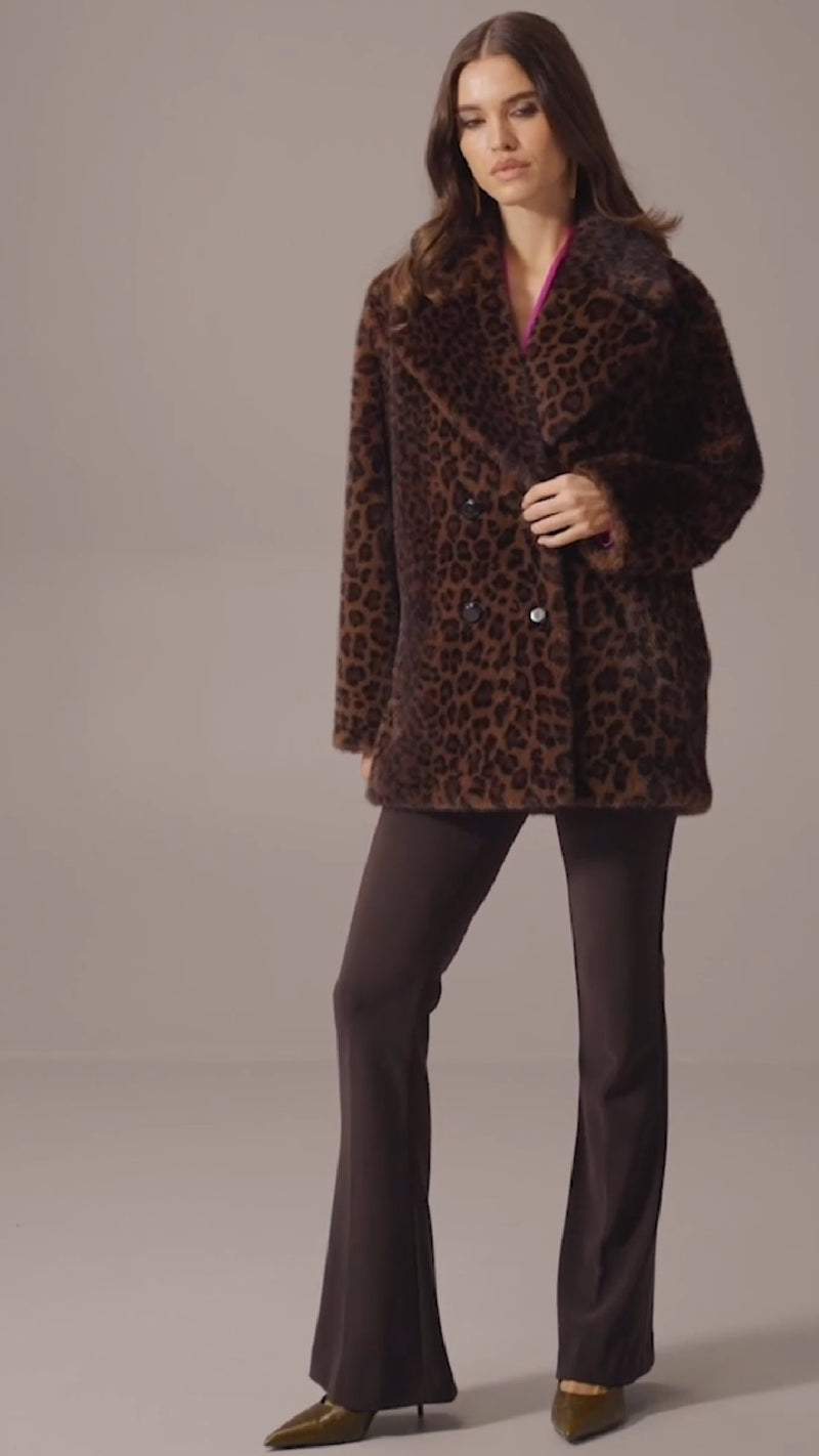 Joseph Ribkoff Faux Fur Leopard Print Double-Breasted Coat