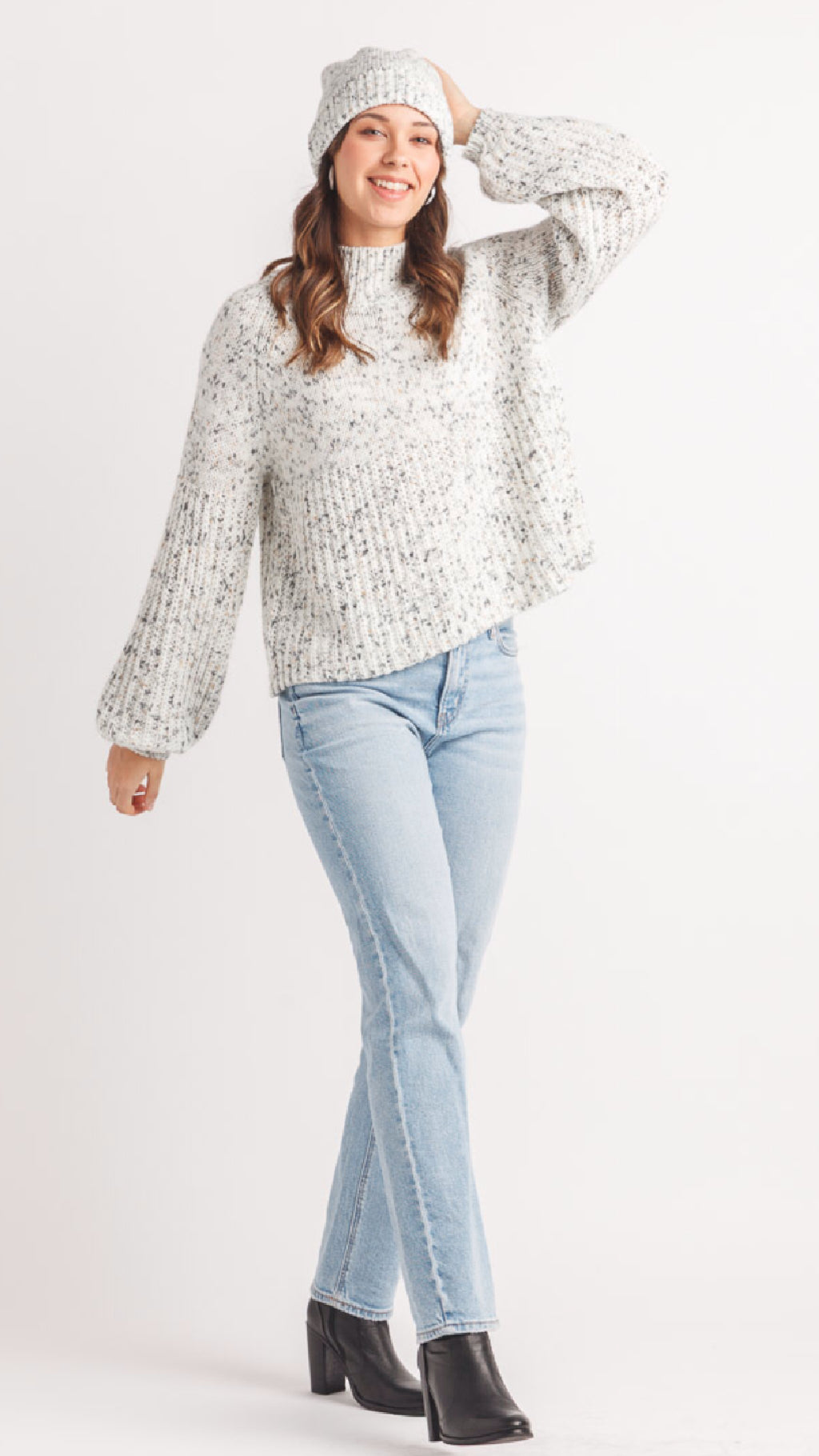 Papillon Speckled Rib Knit Mock Neck Sweater
