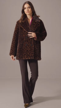 Joseph Ribkoff Faux Fur Leopard Print Double-Breasted Coat