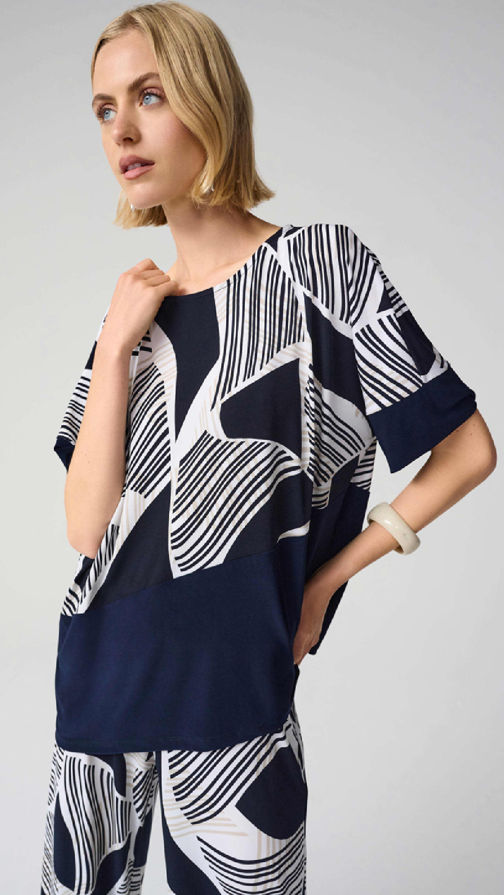 Joseph Ribkoff Silky Knit Geometric Print Asymmetrical Cocoon Top or Pull On Pants.