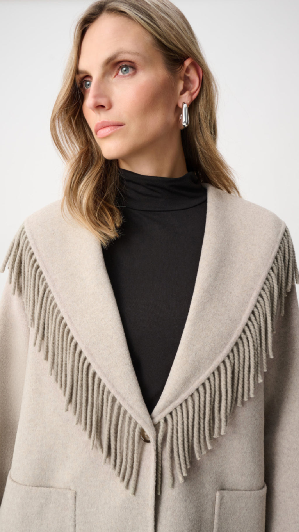 Joseph Ribkoff Wool Blend Shawl Collar Fringed Coat