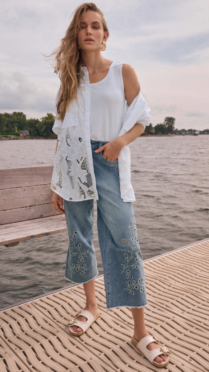 Joseph Ribkoff REPREVE Denim Wide Leg Crop Jeans With Embroidery