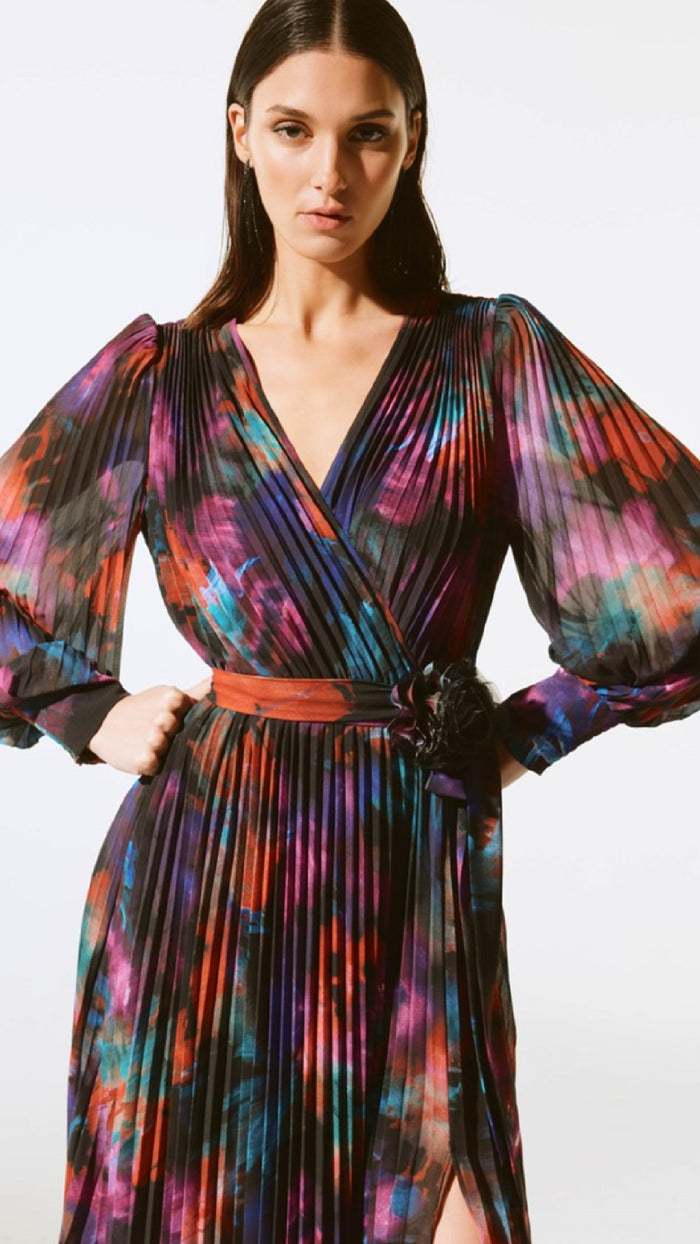 Joseph Ribkoff Floral Print Chiffon Pleated Midi Dress (Sale)