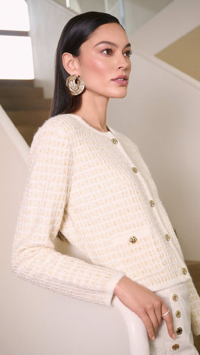 Joseph Ribkoff Sequined Sweater Knit Cardigan with Gold Buttons