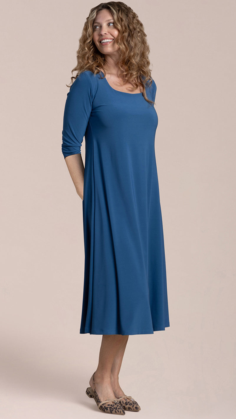 Square Neck Fit and Flare Dress, 3/4 Sleeve