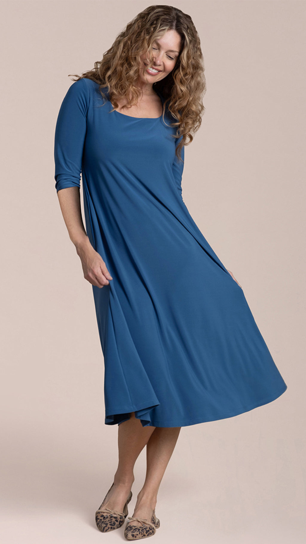 Square Neck Fit and Flare Dress, 3/4 Sleeve