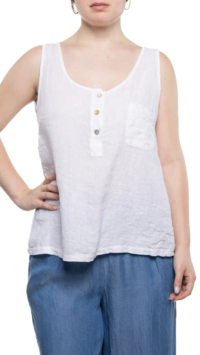 Linen Tank Top With Button Detailing and Pocket
