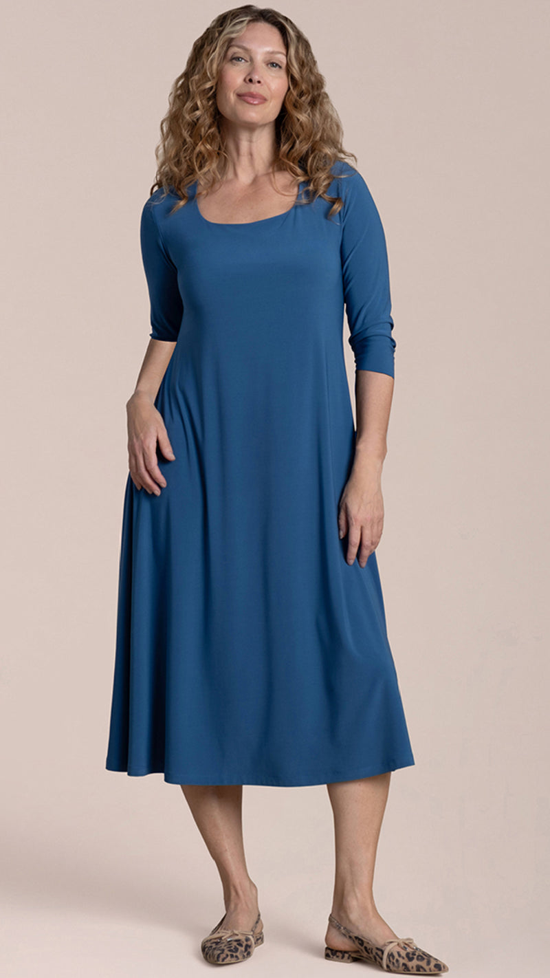 Square Neck Fit and Flare Dress, 3/4 Sleeve