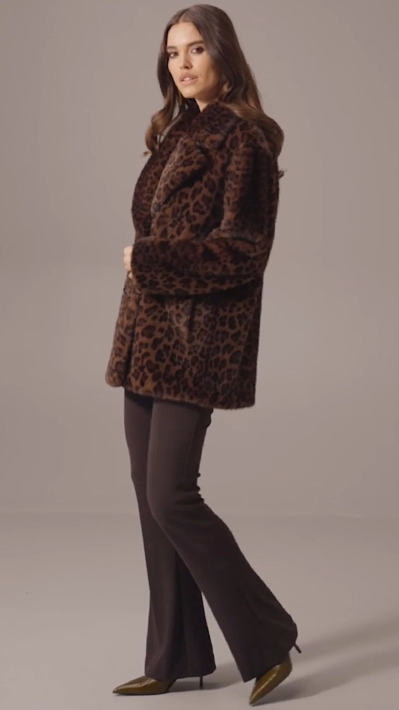 Joseph Ribkoff Faux Fur Leopard Print Double-Breasted Coat